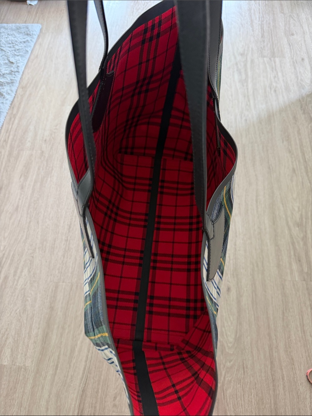Burberry Navy, Green, Cream Plaid Tote with Black Leather Trim - Picture 6 of 7